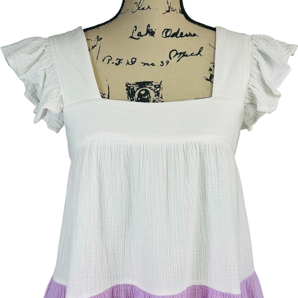 Vici Babydoll Tiered Dress Small White Lavender Terracotta Colorblock Gauze Mini - Picture 6 of 13